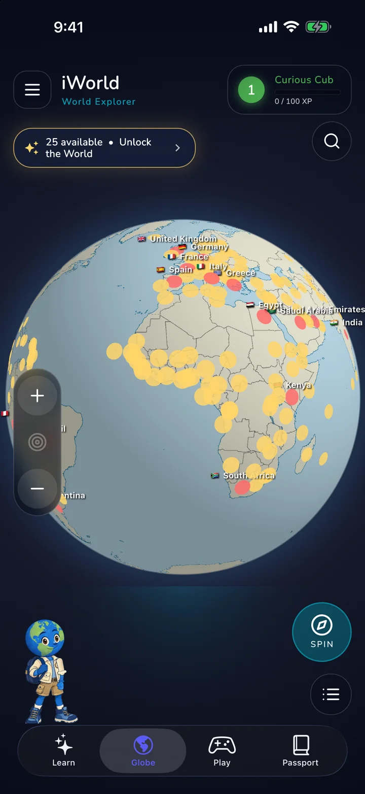 The iWorldGlobe globe with countries marked and GLOBI standing in the corner