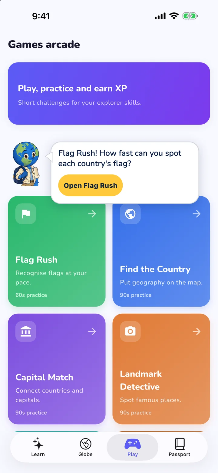 The games arcade with Flag Rush, Find the Country, Capital Match and Landmark Detective